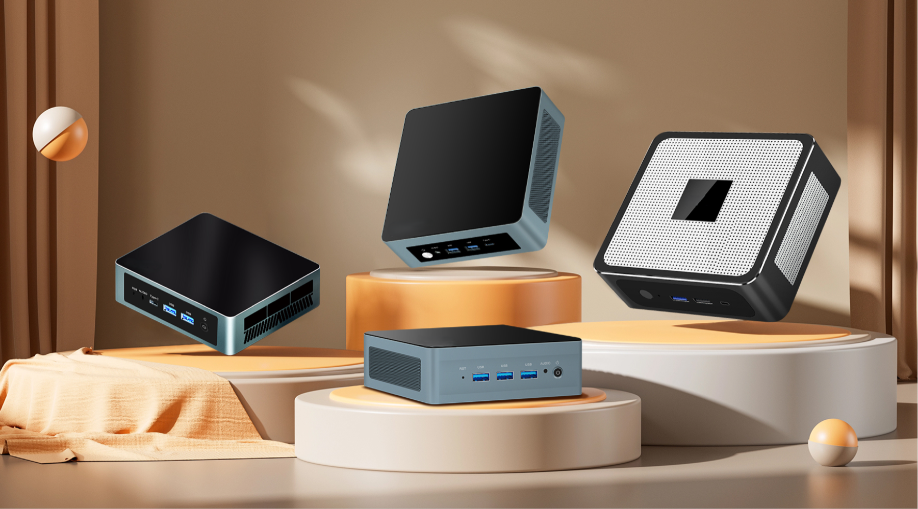 Cheegin mini PCs displayed with desktop monitors
